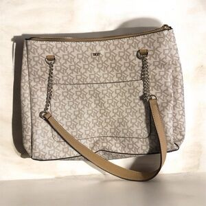 DKNY Taupe Monogram Chain-Shoulder Tote